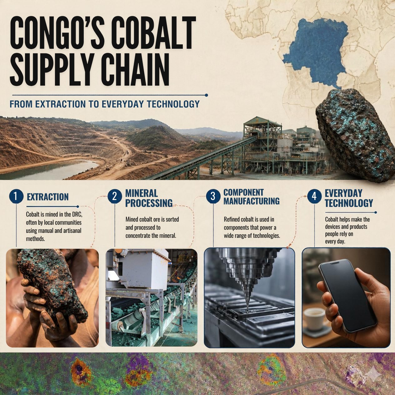 Infographic tracing Congo&rsquo;s cobalt supply chain across four stages: extraction, mineral processing, component manufacturing, and everyday technology.