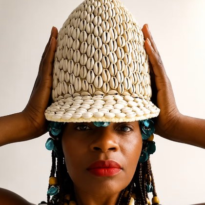 A woman wearing a cowrie shell cap by Ashaka Givens