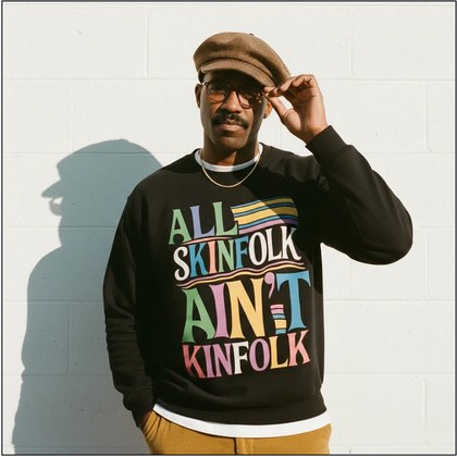 A man wearing the Black Rally X All Skinfolk Ain&rsquo;t Kinfolk sweatshirt