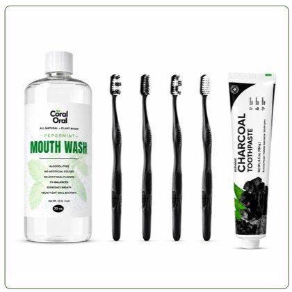 Coral Oral peppermint mouthwash, charcoal toothbrushes, and charcoal toothpaste